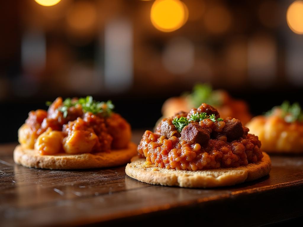 Tapas de rabo de toro y croquetas en barra de madera