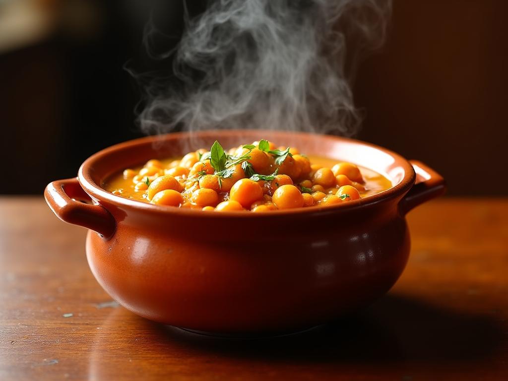 Olla de barro con cocido madrileño humeante